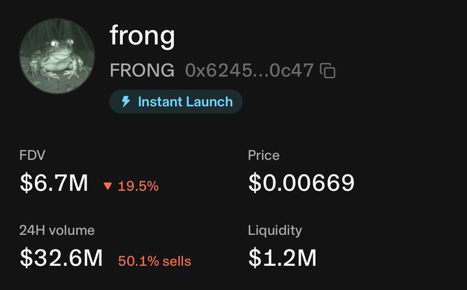 A screenshot displaying key metrics for the cryptocurrency token "frong" (FRONG), including an FDV of $6.7M (down 19.5%), a price of $0.00669, 24H volume of $32.6M (50.1% sells), and $1.2M in liquidity, supporting the post's emphasis on prioritizing deep, long-term liquidity over artificially thinned curves.