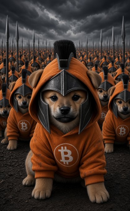 An AI-generated image depicts an army of puppies dressed as Spartan warriors in orange hoodies with the Bitcoin 'B' logo, set against a dark, stormy battlefield with spears.
