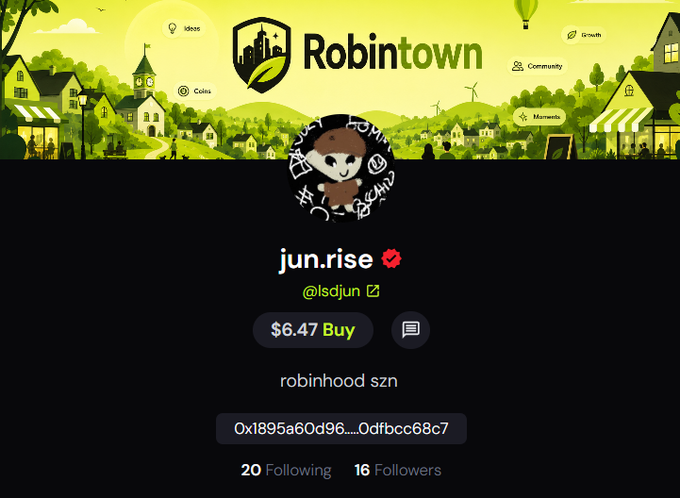 A profile page on the Robintown platform displays the user "jun.rise" (@lsdjun) with a token priced at $6.47 and the bio "robinhood szn," along with an exportable private key (0x1895a60d96...0dfbcc68c7), which the post references when explaining how users can export their private keys as the site rebrands to greentown.social.