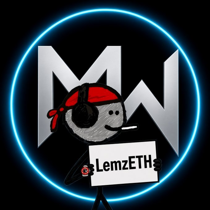 A cartoon stick figure wearing a red bandana and headphones holding a 'LemzETH' sign, positioned in front of a glowing blue neon circle with a stylized 'MW' logo.
