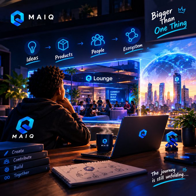 A promotional graphic for MAIQ featuring a young man at a desk with a laptop, mug, and notebook, with overlays showing 'Ideas → Products → People → Ecosystem', 'Bigger Than One Thing', and 'Create, Contribute, Build, Together'.
