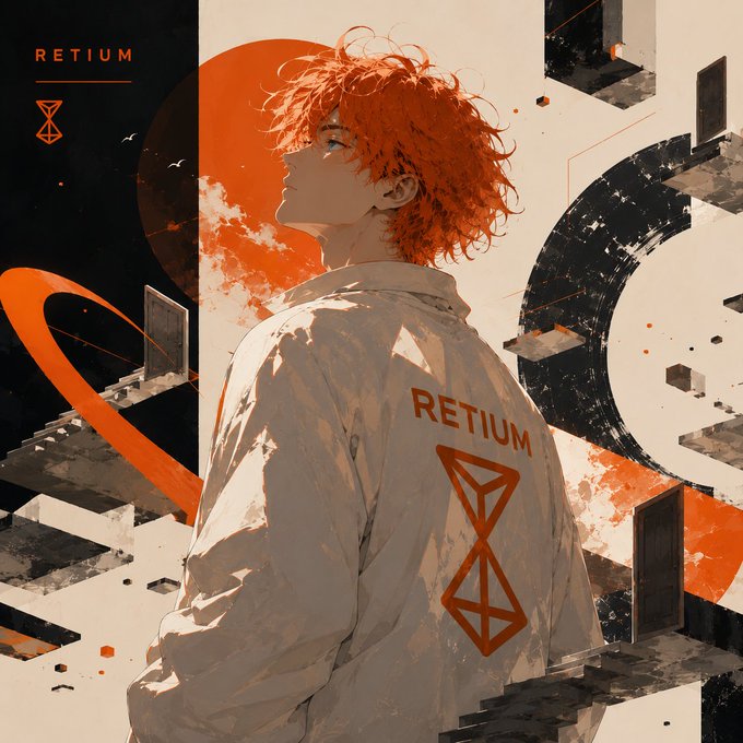 Anime-style artwork of a red-haired character wearing a white jacket with 'RETIUM' and geometric logo text on it.