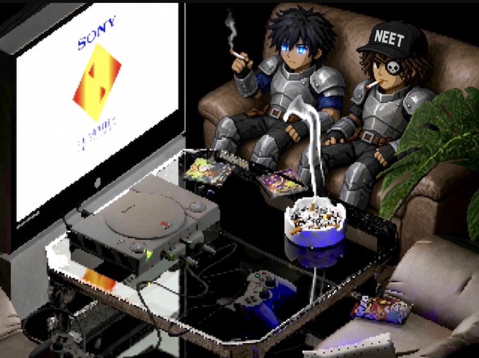 A digitally edited scene of two anime characters in armor sitting on a couch, with one smoking a cigarette, watching a Sony PlayStation 1 screen, with a PlayStation console and controllers on a glass table in the foreground.