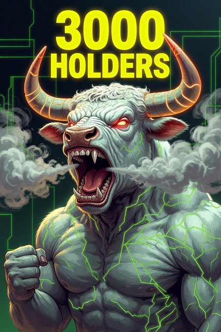 A roaring muscular bull-like creature with green glowing veins and red eyes, with '3000 HOLDERS' displayed in bold yellow text at the top.