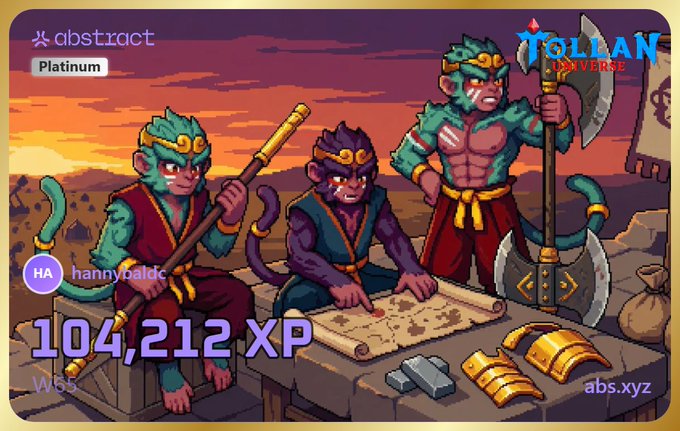 The image features a cartoon scene of three monkeys sitting around a table, with one holding an axe and another holding a map. The background shows a sunset over mountains, creating a serene atmosphere for their gathering. The caption below the image reads "XP day on Abstract!!! This week I got less than last week but is still higher than 100k:) Thanks @TollanUniverse and @onchainheroes !!! @AbstractChain".
