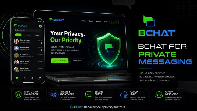 An advertisement for BCHAT, a private messaging app, emphasizing end-to-end encryption with 'Your Privacy. Our Priority.' displayed on a laptop and phone.