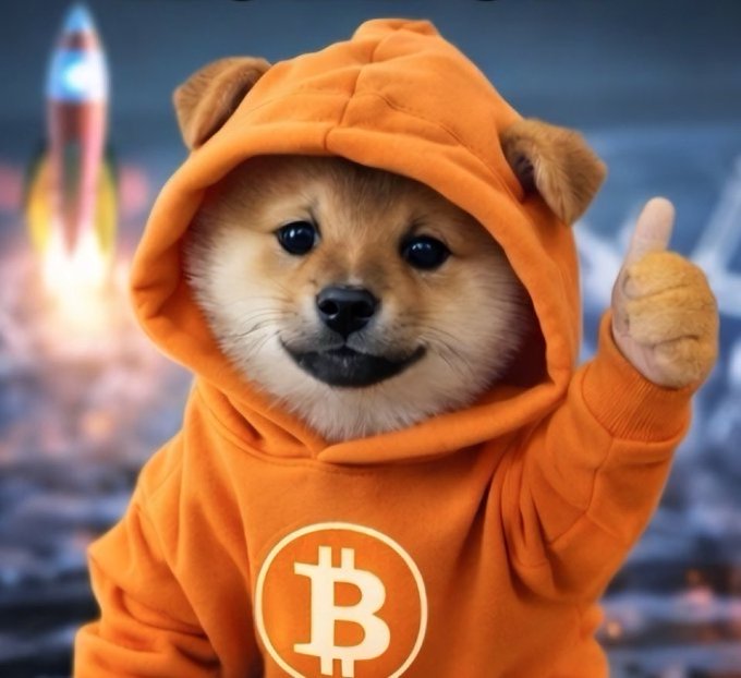 A fluffy dog wearing an orange hoodie featuring a Bitcoin '₿' logo, giving a thumbs-up while a rocket launches in the background.