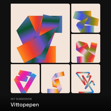A graphic design poster displaying five colorful, gradient-filled abstract 3D shapes against white backgrounds, with text reading 'GET SUBMISSION' and 'Vittopepen' at the bottom.