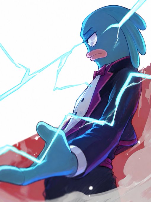 An anime-style illustration of a blue character in a tuxedo with a purple bow tie, surrounded by blue lightning effects.