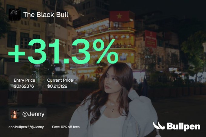 A promotional graphic for 'The Black Bull' on Bullpen, showing a +31.3% gain from an entry price of $0.162376 to a current price of $0.213129, featuring a user named @Jenny.