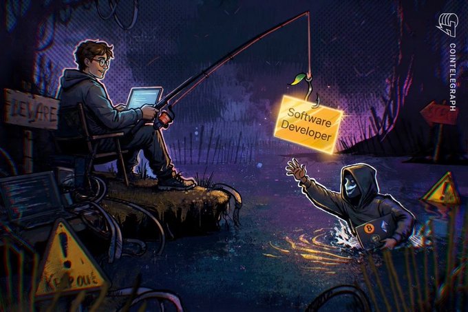 A Cointelegraph illustration depicting a hooded programmer with a laptop fishing for a 'Software Developer' opportunity using a 'BEWARE' area with a 'KEEP OUT' sign and a Bitcoin symbol.