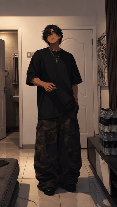 A young man with dark hair, wearing an oversized black t-shirt, a silver chain, and baggy camouflage cargo pants, poses indoors in a room with a tiled floor.