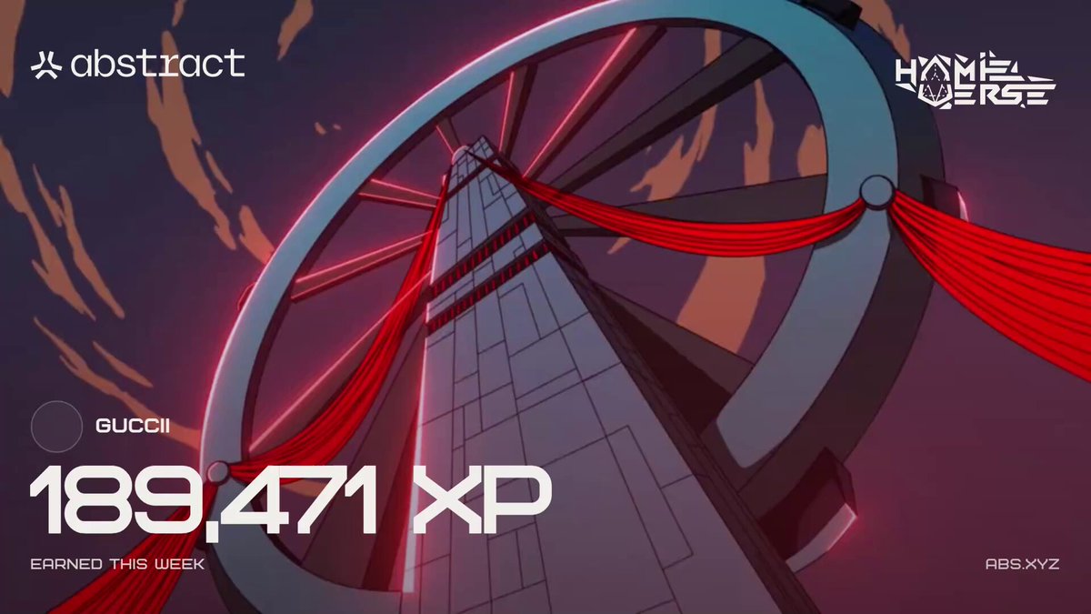 The image shows a poster featuring an abstract illustration of a large wheel with red curtains trailing behind it, set against a purple background. The text at the bottom of the poster reads "189471 XP this week on @AbstractChain," indicating that there is a contest taking place for the XP currency. The prize pool is $200 and prizes are awarded to those who complete the required XP tasks in the given time frame.