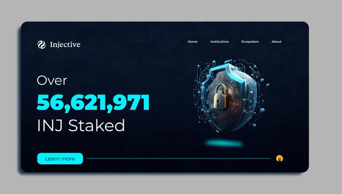 The image is a sleek promotional graphic from Injective featuring the headline "Over 56,621,971 INJ Staked" alongside a 3D-rendered shield with a padlock icon, visually reinforcing the security and staking metrics highlighted in the accompanying bullish post about $INJ's valuation and adoption.