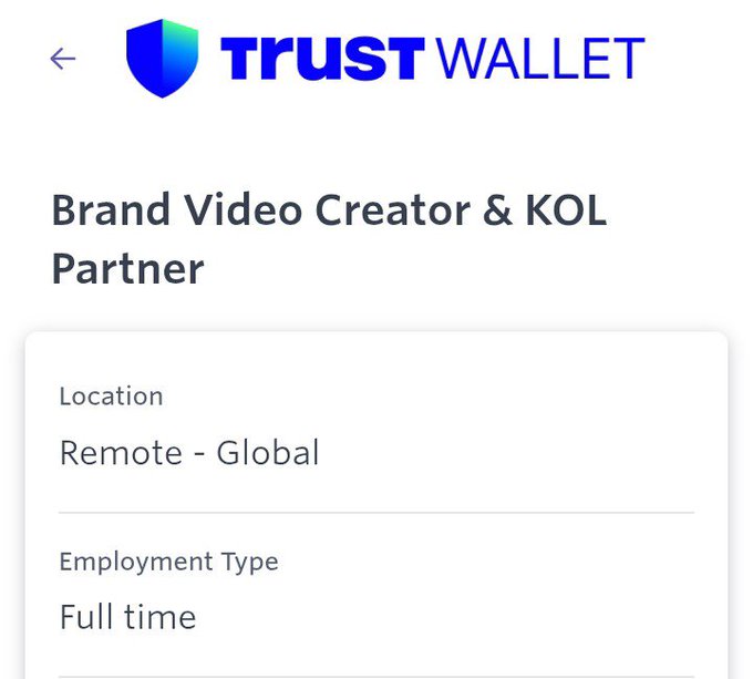 A Trust Wallet job listing screenshot for a "Brand Video Creator & KOL Partner" position, remote globally and full-time, matching the announcement that Trust Wallet is hiring and inviting video creators to apply via their Ashby careers page.