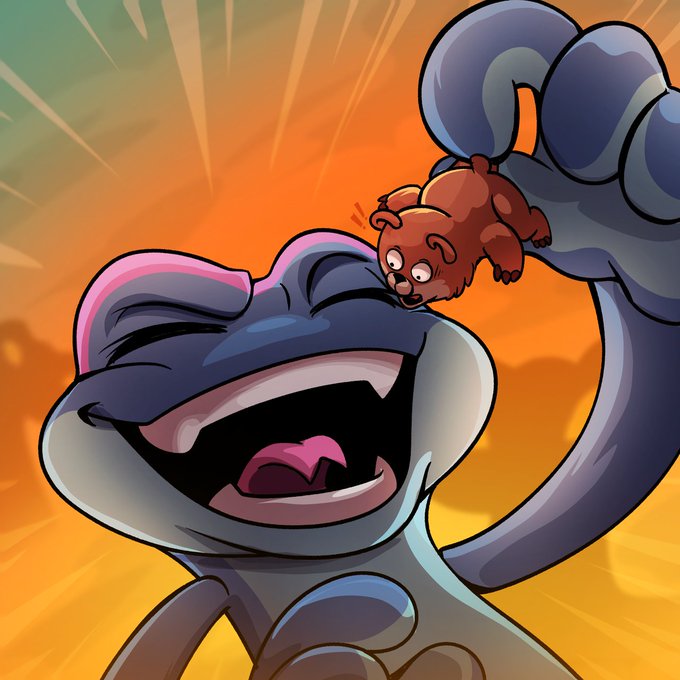 A cartoon illustration shows a small, wide-eyed brown bear being swung through the air by a large dark blue creature against a bright orange background with radiating action lines.