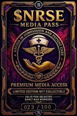 An ornate graphic displays an 'NRSE MEDIA PASS' with 'PREMIUM MEDIA ACCESS' and 'LIMITED EDITION NFT COLLECTIBLE' text on a dark purple background with gold accents.