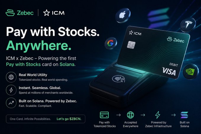 Promotional graphic for Zebec and ICM's 'Pay with Stocks Anywhere' debit card on Solana, featuring a Visa card on a payment terminal and text highlighting real-world utility and tokenized stocks, with token ticker $ZBCN.