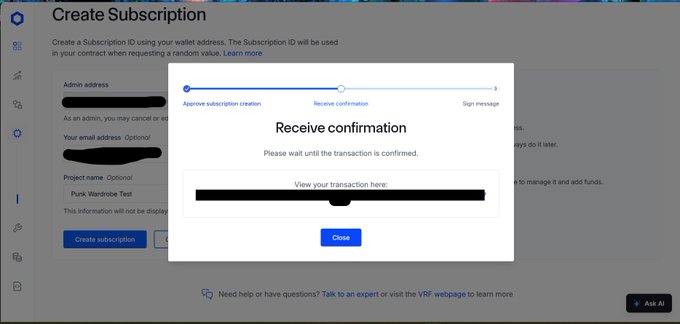 A 'Create Subscription' interface showing a 'Receive confirmation' modal with progress steps including 'Approve subscription creation', 'Receive confirmation', and 'Sign message'.