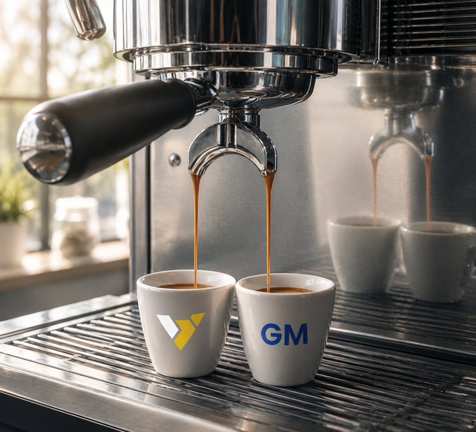 An espresso machine brews coffee into two small cups, one labeled with a yellow "GM" logo and the other with blue "GM" text. The image visually echoes the post's "gm, today's alpha is brewing" message by blending the ticker symbol with a fresh coffee metaphor, suggesting General Motors is serving up something promising today.