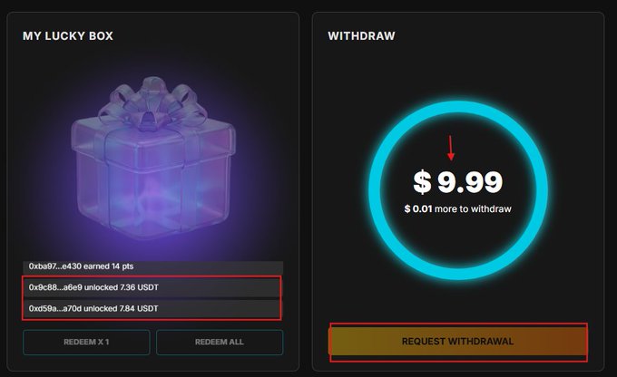 The image shows a "My Lucky Box" rewards interface where wallets like 0x9c88 and 0xd58a have unlocked small USDT amounts (7.36 and 7.84 USDT respectively), with a withdrawal balance of $9.99 requiring $0.01 more to withdraw. This visually represents the points/rewards redemption step from the Evoevo NeoSoul campaign, where users claim a Lucky Box to earn points and accumulate small USDT rewards toward withdrawal.