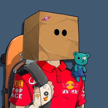 An illustration of a character with a paper bag over their head featuring two eye holes, wearing a red "Pop Race" and "Fat Cat" branded shirt, carrying a backpack with small plush toys attached.