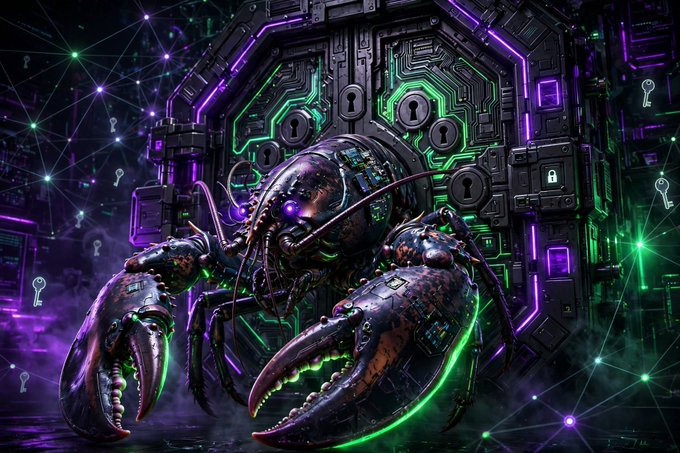 A sci-fi digital artwork of a mechanical lobster with glowing purple and green details positioned in front of a circuit board-like structure with locks and keyholes.
