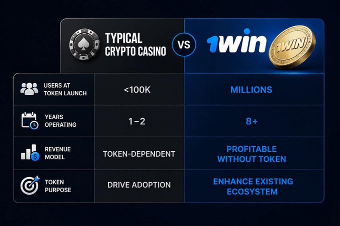 A comparison infographic contrasting a 'TYPICAL CRYPTO CASINO' with '1win' across categories including Users at Token Launch (<100K vs Millions), Years Operating (1-2 vs 8+), Revenue Model, and Token Purpose.
