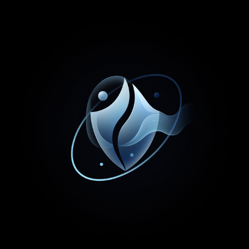 Abstract blue and white logo or graphic design on a black background, featuring flowing curved shapes resembling stylized fish or waves with small circular dots.