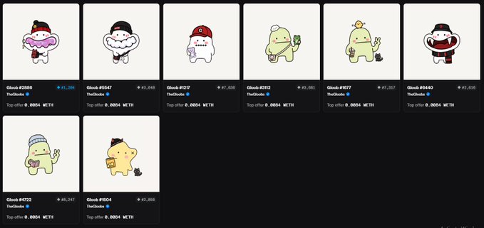 A gallery of pixel-art Glock NFT characters (#2869, #5547, #1717, #2812, #1677, #5440, #4722, #8204) showing TheoOracle trait rarity and 0.0004 METH top offers.