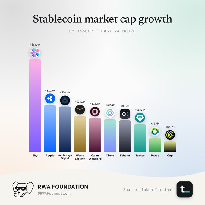 A colorful bar chart titled 'Stablecoin market cap growth' shows Sky at +$62.4M leading issuers over the past 24 hours, followed by Ripple (+$31.6M), Anchorage Digital, and others, sourced from Token Terminal via RWA Foundation.