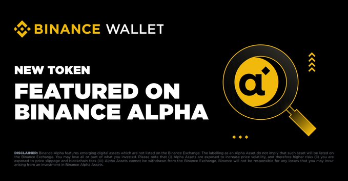A promotional banner for 'BINANCE WALLET' announces a 'NEW TOKEN FEATURED ON BINANCE ALPHA' with a yellow magnifying glass icon examining the Binance Alpha logo.