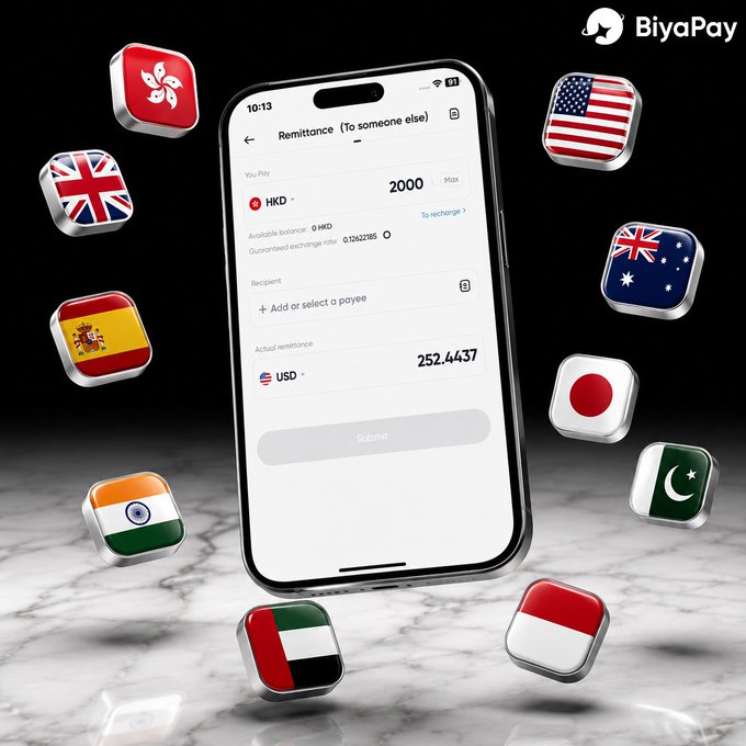 A promotional image for BiyaPay showing a smartphone displaying a 2000 HKD to 252.4437 USD remittance screen, surrounded by floating flag icons of various countries.