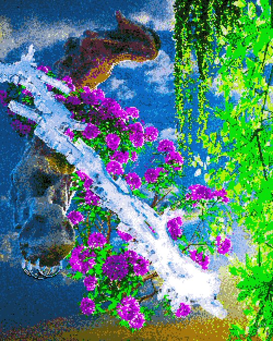 A vibrant, pixelated artwork depicting a white birch tree adorned with pink and purple flowers, set against a background of blue sky and bright green foliage.