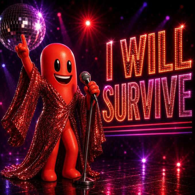 A red, smiling sausage character wearing a sparkling sequined robe sings into a microphone on a disco-lit stage beneath a glittering "I WILL SURVIVE" sign, with a disco ball overhead—perfectly capturing the playful comeback spirit of the $NOBODY meme as creator Kael returns to the spotlight.