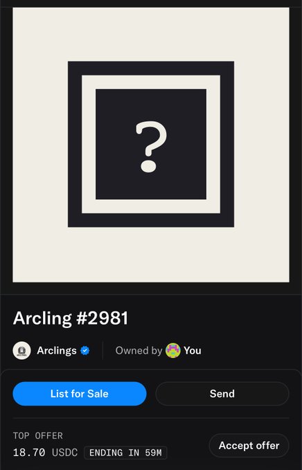 NFT marketplace listing for 'Arcling #2981' owned by the user, showing a question mark placeholder image with a top offer of 18.70 USDC and 59 minutes remaining.