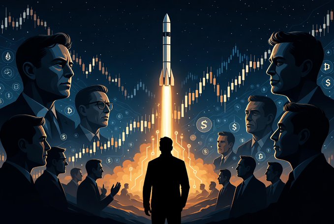 A digital illustration depicting a rocket launch surrounded by businessmen and candlestick chart patterns, with floating dollar signs and cryptocurrency logos symbolizing a crypto bull run.