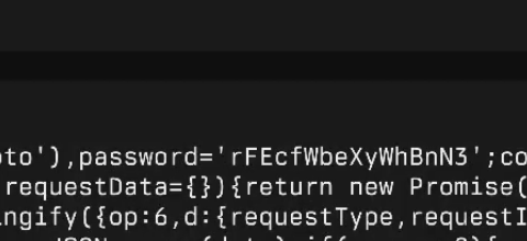 The image shows a code snippet, likely from a JavaScript file, displaying configuration details that include a password set to 'rFEcfWbeXyWhBnN3' and code referencing Promise handling and Object.assign.