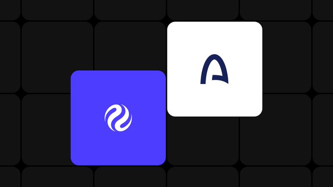 Two app icons, one purple with a white swirl logo and one white with a dark blue 'A' logo, are displayed on a black grid background.