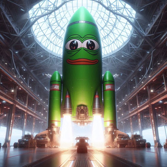 A massive green rocket with a sad Pepe the Frog face painted on its hull stands in a large industrial hangar, with two smaller green booster rockets on either side igniting their engines and emitting bright flames.