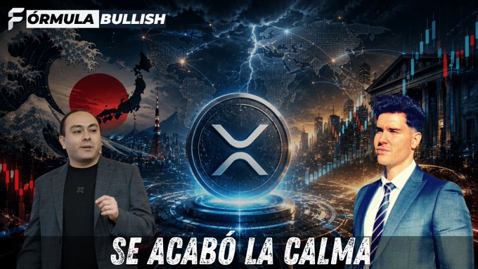 A thumbnail for a YouTube channel called "Formula Bullish" features two men in suits flanking a large XRP logo, with the Spanish text "SE ACABÓ LA CALMA" displayed over a background of world maps, lightning, and financial charts.