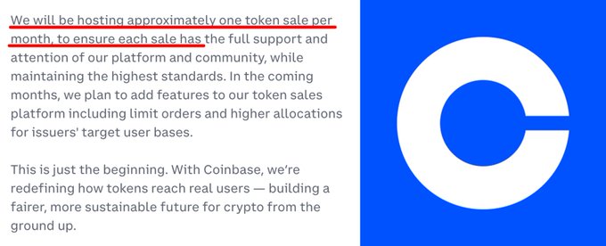 A Coinbase announcement promises approximately one token sale per month, with plans for future features like limit orders and higher allocations for issuers' target user bases. The accompanying post points out that seven months have passed without a new token sale, contradicting this commitment and calling into question the promised holding-based priority system.