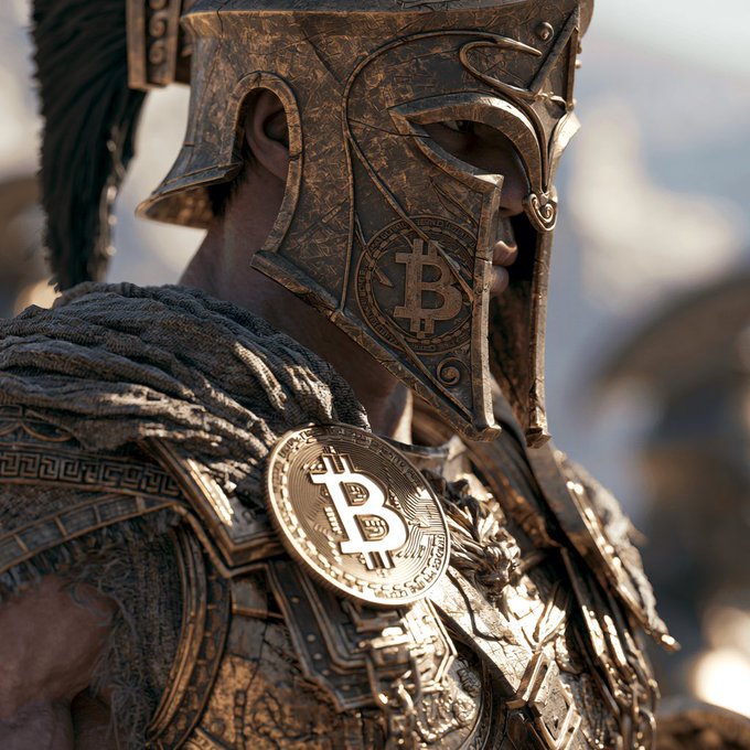 A cinematic close-up of a warrior wearing ornate bronze armor and a plumed helmet, adorned with Bitcoin symbols on the helmet and a large Bitcoin medallion on the chest.