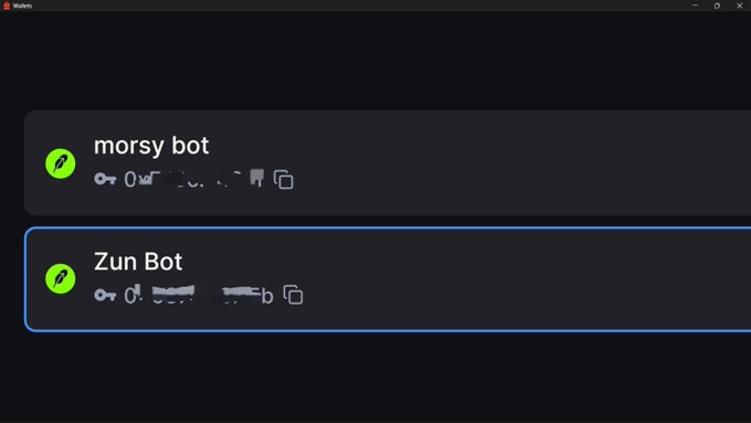 A dark-themed application interface (Walton) displaying two wallet entries labeled 'morsy bot' and 'Zun Bot', both featuring key icons and partially obscured address information.