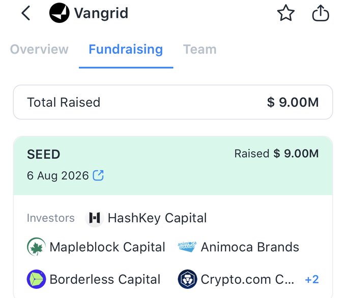 A mobile app screen displaying Vangrid's fundraising details, showing a SEED round that raised $9.00M from investors including HashKey Capital, Mapleblock Capital, Animoca Brands, Borderless Capital, and Crypto.com Capital.