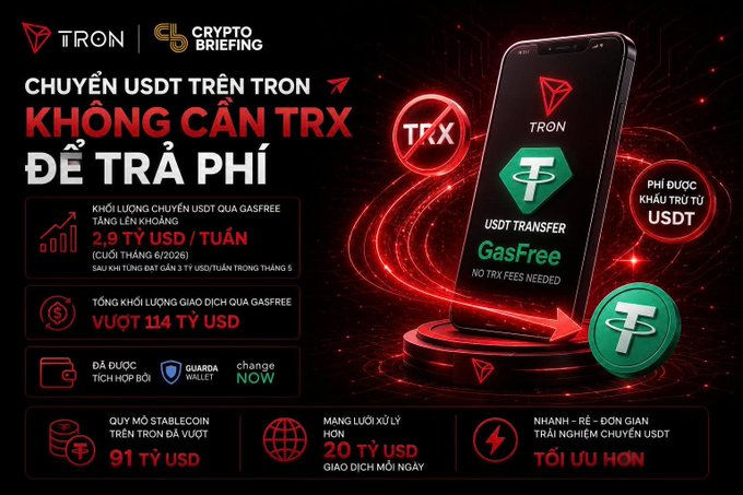 A promotional graphic for TRON and CRYPTO BRIEFING advertises 'CHUYỂN USDT TRÊN TRON KHÔNG CẦN TRX ĐỂ TRẢ PHÍ' (USDT Transfer GasFree, NO TRX FEES NEEDED), highlighting 2.9 TỶ USD/TUẦN and tổng khối lượng giao dịch vượt 114 TỶ USD.