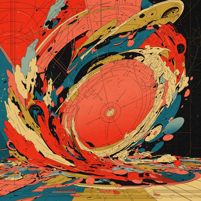 A vibrant abstract digital artwork featuring a large red spherical form surrounded by dynamic swirls of red, blue, yellow, and black paint-like strokes with a cosmic or planetary theme.
