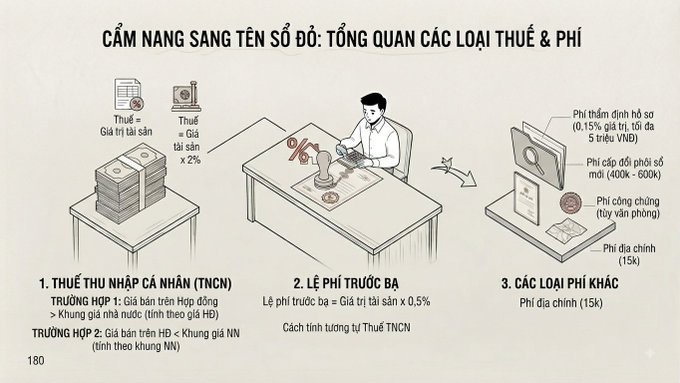 Vietnamese infographic titled 'CẨM NANG SANG TÊN SỔ ĐỎ: TỔNG QUAN CÁC LOẠI THUẾ & PHÍ' showing the tax calculation process for property ownership transfer.