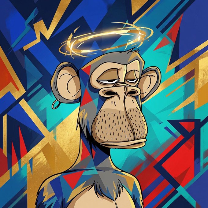A cartoon monkey with a glowing golden halo above its head is centered against a vibrant, abstract geometric background featuring bold red, blue, and gold triangular shapes. The artwork aligns with the "Monke Art" theme of the post, giving the NFT-style illustration a "Hump Day" saintly or angelic vibe.