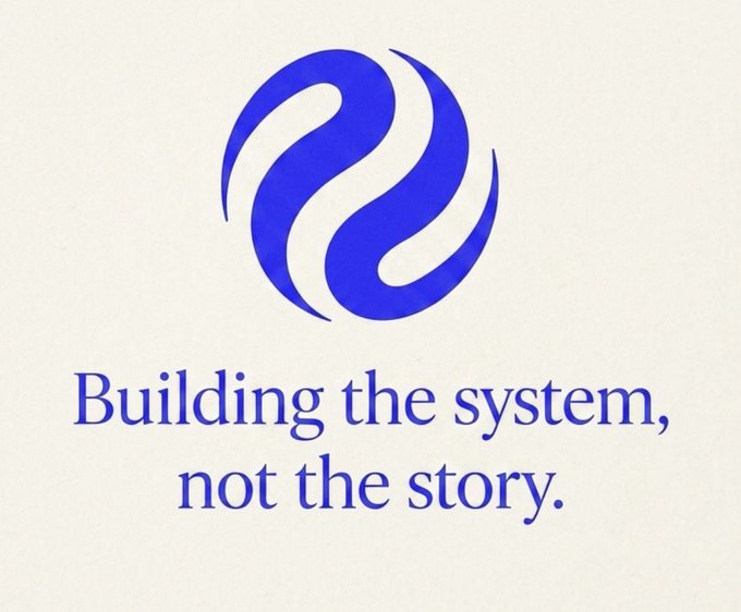 A minimalist design featuring a blue circular logo with the text "Building the system, not the story." below it on a cream background.